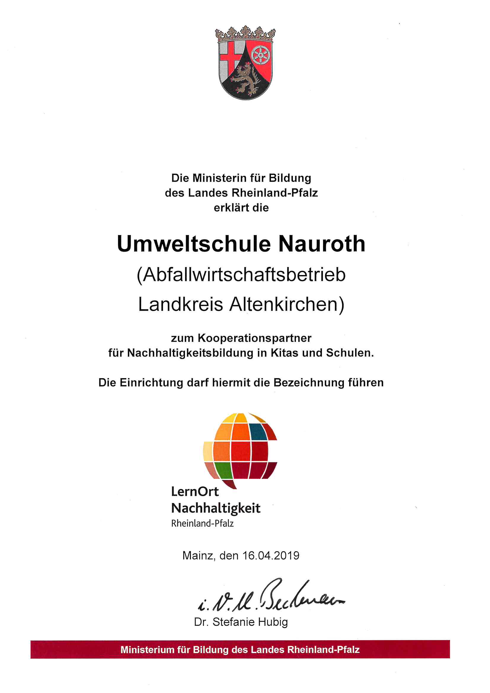 Zertifikat Umweltschule Nauroth